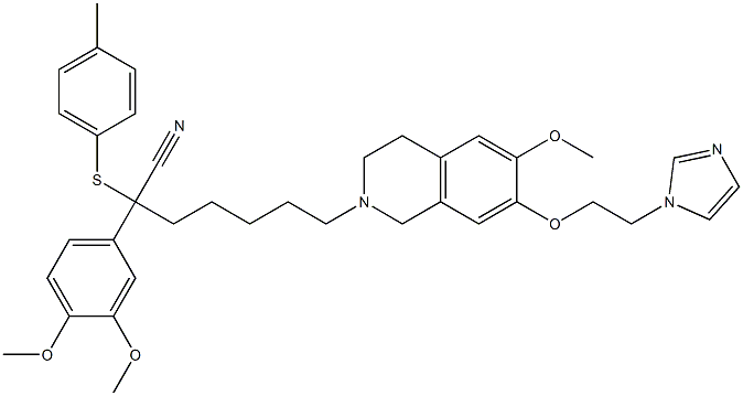 alpha-(3,4-dimethoxyphenyl)--3,4-dihydro-7-(2-(1H-imidazol-1-yl)ethoxy)-6-methoxy-alpha-((4-methylphenyl)thio)-2-(1H)-isoquinolineheptanenitrile Struktur