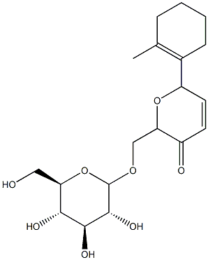 1-(5,6-dihydro-6-(glucopyranosyl)oxymethyl-5-oxo-2H-pyran-2-yl)methylcyclohex-1-ene Struktur