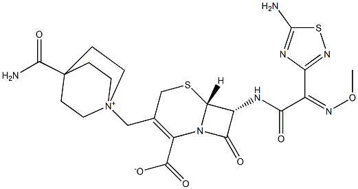 (6R,7R)-7-[[(2Z)-2-(5-amino-1,2,4-thiadiazol-3-yl)-2-methoxyimino-acetyl]amino]-3-[(4-carbamoyl-1-azoniabicyclo[2.2.2]oct-1-yl)methyl]-8-oxo-5-thia-1-azabicyclo[4.2.0]oct-2-ene-2-carboxylate Struktur