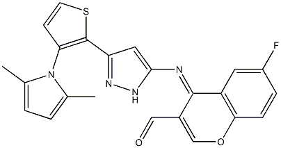 4-({3-[3-(2,5-dimethyl-1H-pyrrol-1-yl)-2-thienyl]-1H-pyrazol-5-yl}imino)-6-fluoro-4H-chromene-3-carbaldehyde Struktur