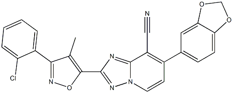 7-(1,3-benzodioxol-5-yl)-2-[3-(2-chlorophenyl)-4-methyl-5-isoxazolyl][1,2,4]triazolo[1,5-a]pyridine-8-carbonitrile Struktur