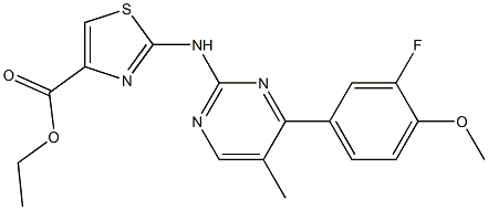 ethyl 2-{[4-(3-fluoro-4-methoxyphenyl)-5-methyl-2-pyrimidinyl]amino}-1,3-thiazole-4-carboxylate Struktur