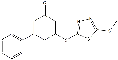 3-{[5-(methylthio)-1,3,4-thiadiazol-2-yl]thio}-5-phenylcyclohex-2-en-1-one Struktur