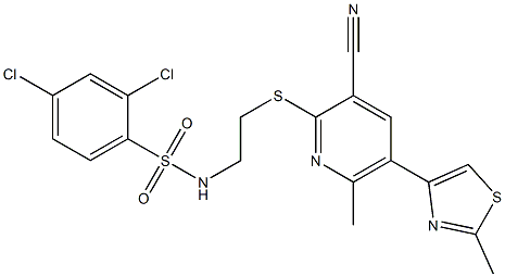 N1-(2-{[3-cyano-6-methyl-5-(2-methyl-1,3-thiazol-4-yl)-2-pyridyl]thio}ethyl)-2,4-dichlorobenzene-1-sulfonamide Struktur