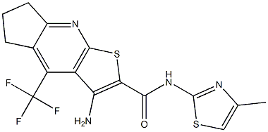 3-amino-N-(4-methyl-1,3-thiazol-2-yl)-4-(trifluoromethyl)-6,7-dihydro-5H-cyclopenta[b]thieno[3,2-e]pyridine-2-carboxamide Struktur