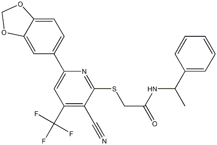 2-{[6-(1,3-benzodioxol-5-yl)-3-cyano-4-(trifluoromethyl)-2-pyridinyl]sulfanyl}-N-(1-phenylethyl)acetamide Struktur