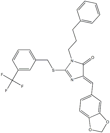 5-(1,3-benzodioxol-5-ylmethylene)-3-(3-phenylpropyl)-2-{[3-(trifluoromethyl)benzyl]sulfanyl}-3,5-dihydro-4H-imidazol-4-one Struktur