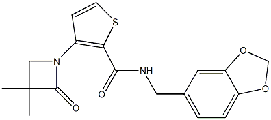 N-(1,3-benzodioxol-5-ylmethyl)-3-(3,3-dimethyl-2-oxo-1-azetanyl)-2-thiophenecarboxamide Struktur