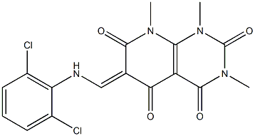 6-[(2,6-dichloroanilino)methylidene]-1,3,8-trimethyl-1,2,3,4,5,6,7,8-octahydropyrido[2,3-d]pyrimidine-2,4,5,7-tetraone Struktur