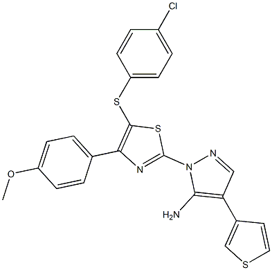 1-[5-[(4-chlorophenyl)sulfanyl]-4-(4-methoxyphenyl)-1,3-thiazol-2-yl]-4-(3-thienyl)-1H-pyrazol-5-amine Struktur