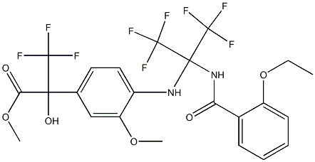 methyl 2-(4-{[1-[(2-ethoxybenzoyl)amino]-2,2,2-trifluoro-1-(trifluoromethyl)ethyl]amino}-3-methoxyphenyl)-3,3,3-trifluoro-2-hydroxypropanoate Struktur