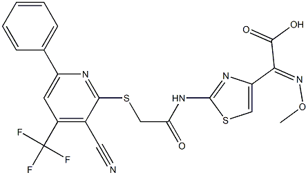 2-{2-[(2-{[3-cyano-6-phenyl-4-(trifluoromethyl)-2-pyridinyl]sulfanyl}acetyl)amino]-1,3-thiazol-4-yl}-2-(methoxyimino)acetic acid Struktur