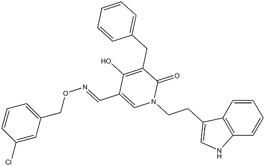 5-benzyl-4-hydroxy-1-[2-(1H-indol-3-yl)ethyl]-6-oxo-1,6-dihydro-3-pyridinecarbaldehyde O-(3-chlorobenzyl)oxime Struktur