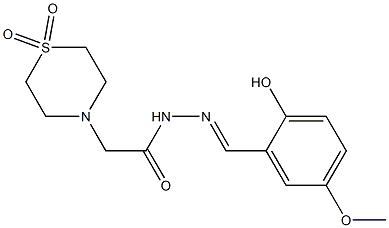 2-(1,1-dioxo-1lambda~6~,4-thiazinan-4-yl)-N'-[(E)-(2-hydroxy-5-methoxyphenyl)methylidene]acetohydrazide Struktur