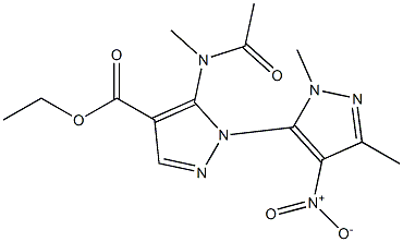 ethyl 3-dimethylformamino-2-(1,3-dimethyl-4-nitropyrazol-5-yl)pyrazole-4-carboxylate Struktur