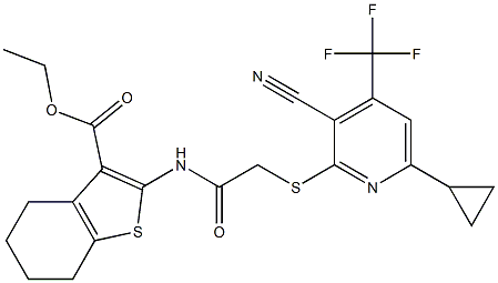 ethyl 2-[(2-{[3-cyano-6-cyclopropyl-4-(trifluoromethyl)-2-pyridinyl]sulfanyl}acetyl)amino]-4,5,6,7-tetrahydro-1-benzothiophene-3-carboxylate Struktur