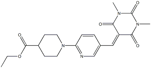 ethyl 1-(5-{[1,3-dimethyl-2,4,6-trioxotetrahydro-5(2H)-pyrimidinyliden]methyl}-2-pyridinyl)-4-piperidinecarboxylate Struktur