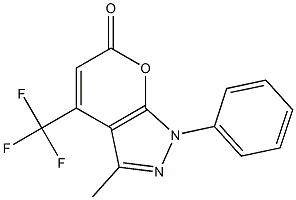 3-methyl-1-phenyl-4-(trifluoromethyl)-1,6-dihydropyrano[2,3-c]pyrazol-6-one Struktur