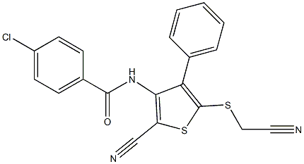 4-chloro-N-{2-cyano-5-[(cyanomethyl)sulfanyl]-4-phenyl-3-thienyl}benzenecarboxamide Struktur