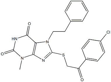 8-{[2-(4-chlorophenyl)-2-oxoethyl]sulfanyl}-3-methyl-7-(2-phenylethyl)-3,7-dihydro-1H-purine-2,6-dione Struktur