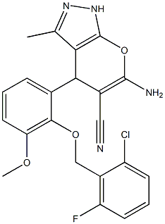 6-amino-4-{2-[(2-chloro-6-fluorobenzyl)oxy]-3-methoxyphenyl}-3-methyl-1,4-dihydropyrano[2,3-c]pyrazole-5-carbonitrile Struktur