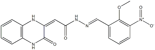 N'-{3-nitro-2-methoxybenzylidene}-2-(3-oxo-3,4-dihydro-2(1H)-quinoxalinylidene)acetohydrazide Struktur