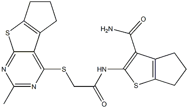 2-({[(2-methyl-6,7-dihydro-5H-cyclopenta[4,5]thieno[2,3-d]pyrimidin-4-yl)sulfanyl]acetyl}amino)-5,6-dihydro-4H-cyclopenta[b]thiophene-3-carboxamide Struktur