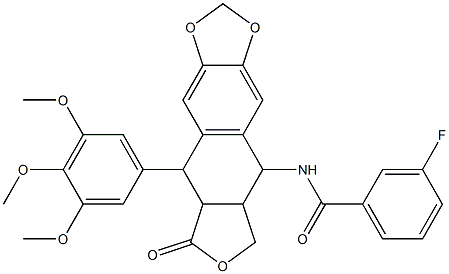 3-fluoro-N-[8-oxo-9-(3,4,5-trimethoxyphenyl)-5,5a,6,8,8a,9-hexahydrofuro[3',4':6,7]naphtho[2,3-d][1,3]dioxol-5-yl]benzamide Struktur