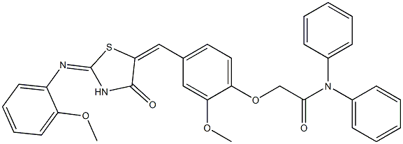 2-[2-methoxy-4-({2-[(2-methoxyphenyl)imino]-4-oxo-1,3-thiazolidin-5-ylidene}methyl)phenoxy]-N,N-diphenylacetamide Struktur