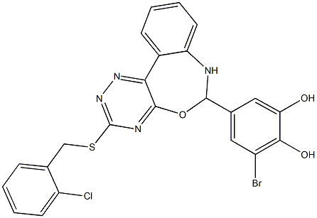 3-bromo-5-{3-[(2-chlorobenzyl)sulfanyl]-6,7-dihydro[1,2,4]triazino[5,6-d][3,1]benzoxazepin-6-yl}-1,2-benzenediol Struktur