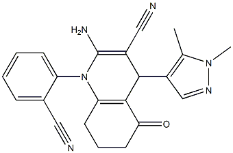 2-amino-1-(2-cyanophenyl)-4-(1,5-dimethyl-1H-pyrazol-4-yl)-5-oxo-1,4,5,6,7,8-hexahydro-3-quinolinecarbonitrile Struktur