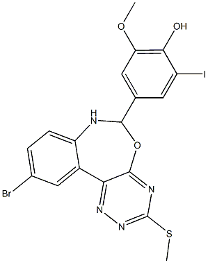 4-[10-bromo-3-(methylsulfanyl)-6,7-dihydro[1,2,4]triazino[5,6-d][3,1]benzoxazepin-6-yl]-2-iodo-6-methoxyphenol Struktur