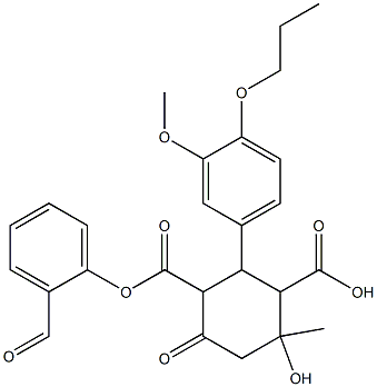 2-hydroxybenzaldehyde 4-hydroxy-2-(3-methoxy-4-propoxyphenyl)-4-methyl-6-oxocyclohexane-1,3-dicarboxylate Struktur