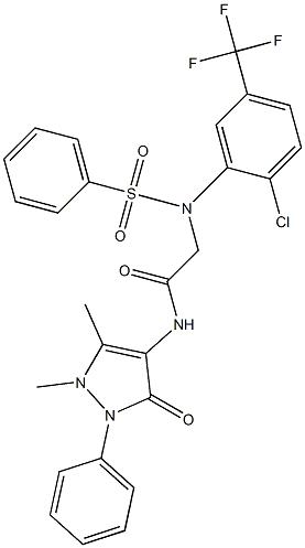 2-[2-chloro(phenylsulfonyl)-5-(trifluoromethyl)anilino]-N-(1,5-dimethyl-3-oxo-2-phenyl-2,3-dihydro-1H-pyrazol-4-yl)acetamide Struktur