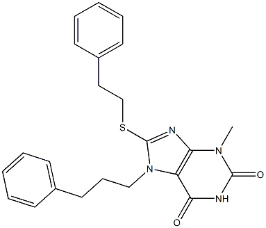 3-methyl-8-[(2-phenylethyl)sulfanyl]-7-(3-phenylpropyl)-3,7-dihydro-1H-purine-2,6-dione Struktur