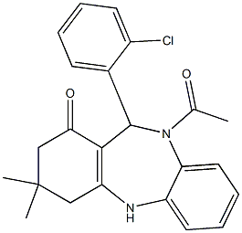 10-acetyl-11-(2-chlorophenyl)-3,3-dimethyl-2,3,4,5,10,11-hexahydro-1H-dibenzo[b,e][1,4]diazepin-1-one Struktur