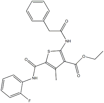 ethyl 5-[(2-fluoroanilino)carbonyl]-4-methyl-2-[(phenylacetyl)amino]-3-thiophenecarboxylate Struktur