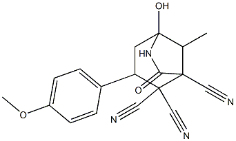 5-hydroxy-3-(4-methoxyphenyl)-8-methyl-7-oxo-6-azabicyclo[3.2.1]octane-1,2,2-tricarbonitrile Struktur