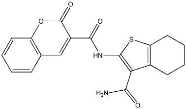 N-[3-(aminocarbonyl)-4,5,6,7-tetrahydro-1-benzothien-2-yl]-2-oxo-2H-chromene-3-carboxamide Struktur