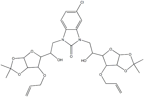 1,3-bis{2-[6-(allyloxy)-2,2-dimethyltetrahydrofuro[2,3-d][1,3]dioxol-5-yl]-2-hydroxyethyl}-5-chloro-1,3-dihydro-2H-benzimidazol-2-one Struktur