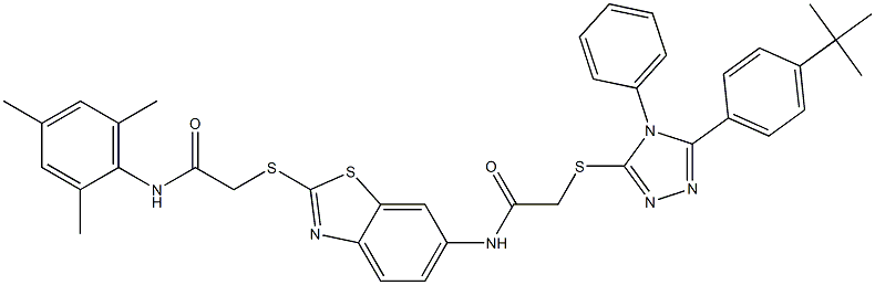 2-{[5-(4-tert-butylphenyl)-4-phenyl-4H-1,2,4-triazol-3-yl]sulfanyl}-N-(2-{[2-(mesitylamino)-2-oxoethyl]sulfanyl}-1,3-benzothiazol-6-yl)acetamide Struktur