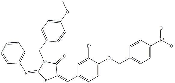 5-[3-bromo-4-({4-nitrobenzyl}oxy)benzylidene]-3-(4-methoxybenzyl)-2-(phenylimino)-1,3-thiazolidin-4-one Struktur