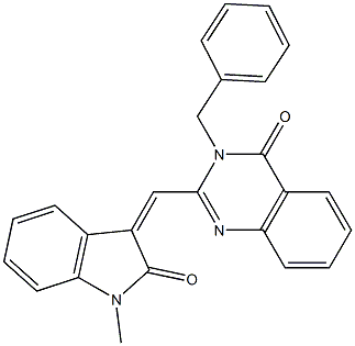 3-benzyl-2-[(1-methyl-2-oxo-1,2-dihydro-3H-indol-3-ylidene)methyl]-4(3H)-quinazolinone Struktur