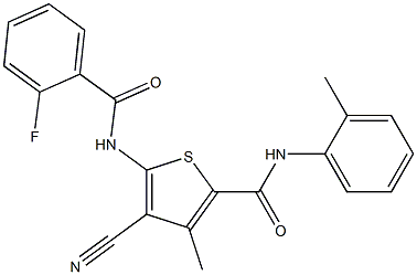 4-cyano-5-{[(2-fluorophenyl)carbonyl]amino}-3-methyl-N-(2-methylphenyl)thiophene-2-carboxamide Struktur