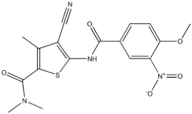 4-cyano-5-({3-nitro-4-methoxybenzoyl}amino)-N,N,3-trimethylthiophene-2-carboxamide Struktur