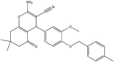 2-amino-4-{3-methoxy-4-[(4-methylbenzyl)oxy]phenyl}-7,7-dimethyl-5-oxo-5,6,7,8-tetrahydro-4H-chromene-3-carbonitrile Struktur