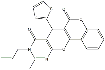 9-allyl-10-methyl-7-(2-thienyl)-7,9-dihydro-6H,8H-chromeno[3',4':5,6]pyrano[2,3-d]pyrimidine-6,8-dione Struktur