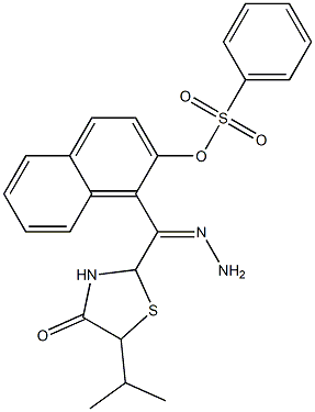 1-[2-(5-isopropyl-4-oxo-1,3-thiazolidin-2-ylidene)carbohydrazonoyl]-2-naphthyl benzenesulfonate Struktur