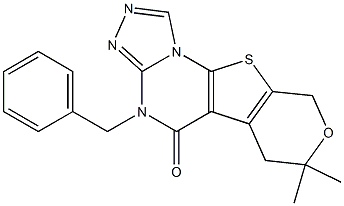 4-benzyl-7,7-dimethyl-6,9-dihydro-7H-pyrano[4',3':4,5]thieno[3,2-e][1,2,4]triazolo[4,3-a]pyrimidin-5(4H)-one Struktur