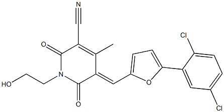 5-{[5-(2,5-dichlorophenyl)-2-furyl]methylene}-1-(2-hydroxyethyl)-4-methyl-2,6-dioxo-1,2,5,6-tetrahydro-3-pyridinecarbonitrile Struktur